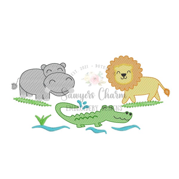 BUNDLE Zoo/jungle/safari animals with & without bows sketch stitch trio, machine embroidery design file, hippo, alligator with water, lion