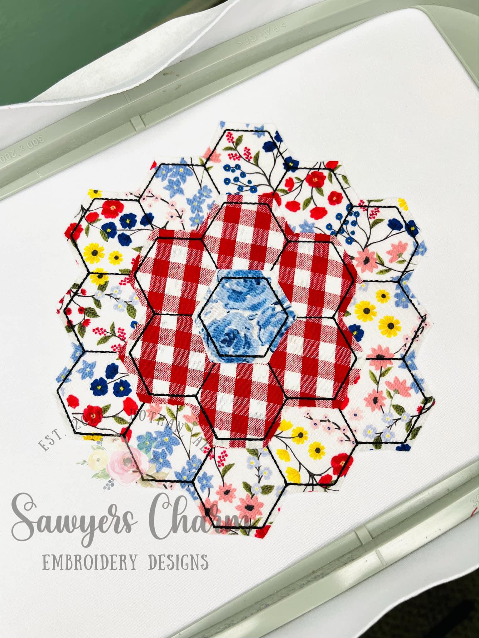 Hexagon Bean Stitch Applique, Machine Embroidery File, Vintage Quilt ...