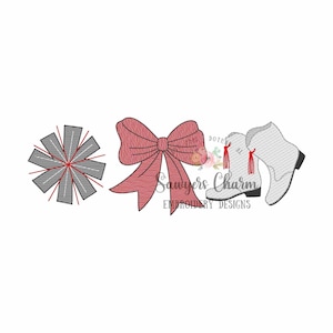 May include: A red bow with a white pom-pom and a pair of white boots with red tassels. The text "Sawyers Charm Embroidery Designs" is below the boots.