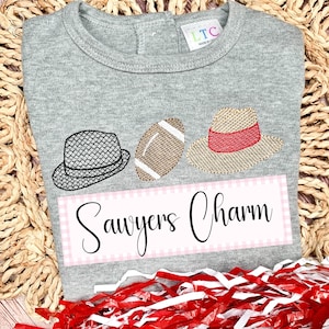 Hounds tooth hat, football, straw hat trio, sketch stitch embroidery design, college university sports legends