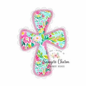 May include: A floral cross design with a light blue background and a pink scalloped border. The cross is filled with colorful flowers and green leaves. The text "Sawyers Charm Embroidery Designs" is visible.