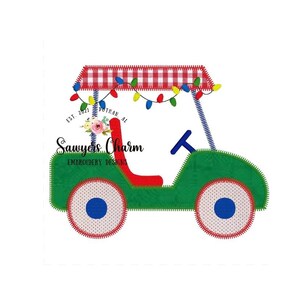 May include: A green and red golf cart with a red and white checkered canopy and string lights. The cart has a blue steering wheel and blue and white wheels. The text "Sawyers Charm Embroidery Designs" is on the side of the cart.