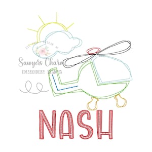 Squiggly flying helicopter bean stitch machine embroidery design file, quick stitch scribble vintage stitch, transportation, sunshine clouds