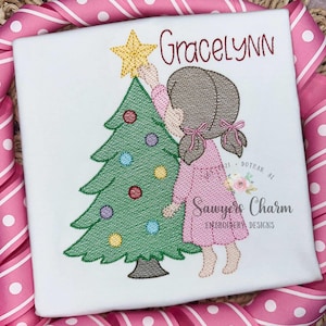 Little girl putting star on Christmas tree sketch stitch machine embroidery design, happy holidays, Merry Christmas, ornaments, coquette bow