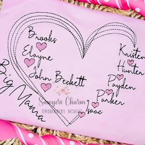 May include: Pink embroidered heart with the text "Big Mama" and the names of family members: Brooks, Elayne, John Beckett, Kristen, Hunter, Payden, Parker, and Isaac. The names are surrounded by pink hearts.