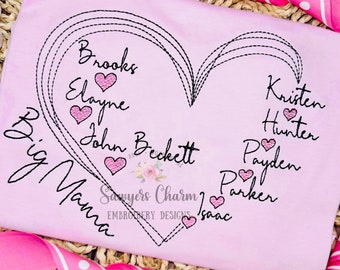 Scribble heart frame for names, bean stitch, machine embroidery design file, quick stitch, sketch stitch hearts, Mother&#39;s Day, love, grandma