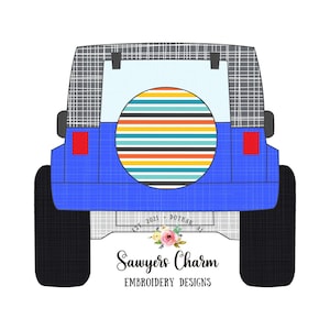 May include: Blue Jeep with a striped spare tire cover. The Jeep has a black grill and black wheels. The spare tire cover has a colorful striped design. The text "Sawyers Charm Embroidery Designs" is below the Jeep.