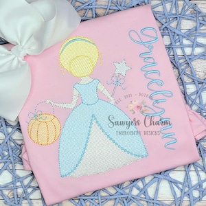 Princess trick or treating sketch stitch embroidery design, fall, halloween, pumpkin patch, jackolantern candy bucket