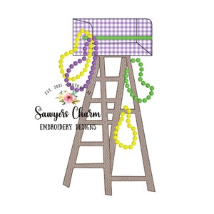 May include: A purple and white gingham box sits on top of a wooden ladder.  Purple, green, and yellow Mardi Gras beads hang from the ladder.  The text "Sawyers Charm Embroidery Designs" is below the ladder.