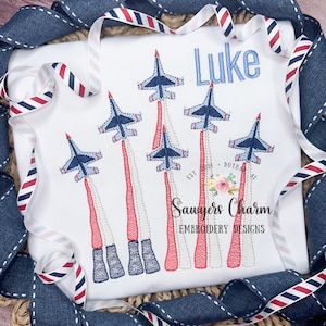 Red/white/blue jets, stars/stripes, flag smoke sketch stitch machine embroidery design file, July 4th, patriotic, summer, America, air show