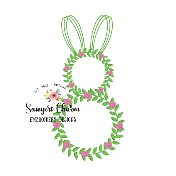 Floral Easter bunny wreath machine embroidery design file, quick stitch, bean stitch, flowers, roses, rabbit, spring, peter cottontail