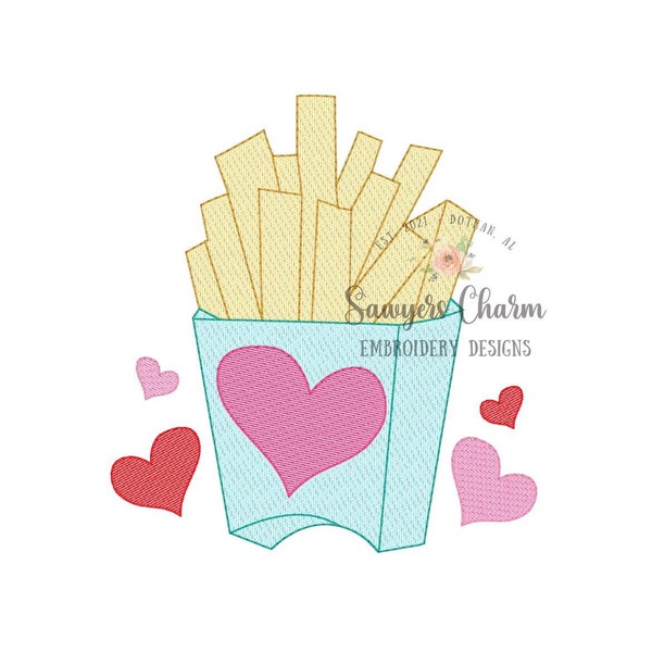 Valentine's Day french fries with hearts sketch stitch machine embroidery design file, quick stitch, love XOXO, fast food, fries before guys