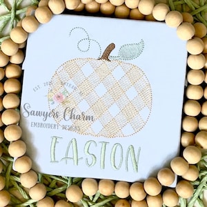 ギンガム パンプキン スケッチ ステッチ 刺繍 デザイン ファイル、秋、ハロウィン、秋の葉、パンプキン パッチ、クイック ステッチ、豆ステッチ、チェック柄