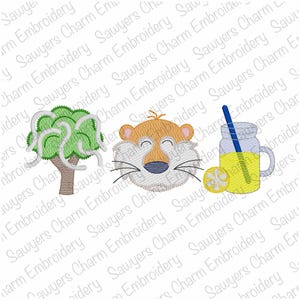 May include: An embroidered design featuring a tree, a smiling hamster face, and a glass of lemonade with a lemon slice. The tree has green leaves and a brown trunk. The hamster is tan and white. The lemonade is yellow with a blue straw.