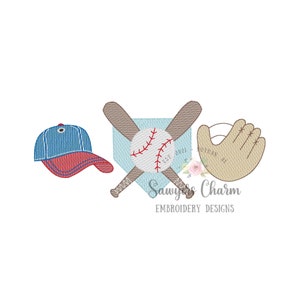 May include: Embroidered design of a baseball cap, two crossed bats, a baseball, and a baseball glove. The design is on a light blue background with the text "Sawyer & Charm Embroidery Designs" at the bottom.