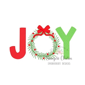 Op de afbeelding: Borduurwerk van het woord "JOY" in rood en groen, met een krans en een strik in de "O".