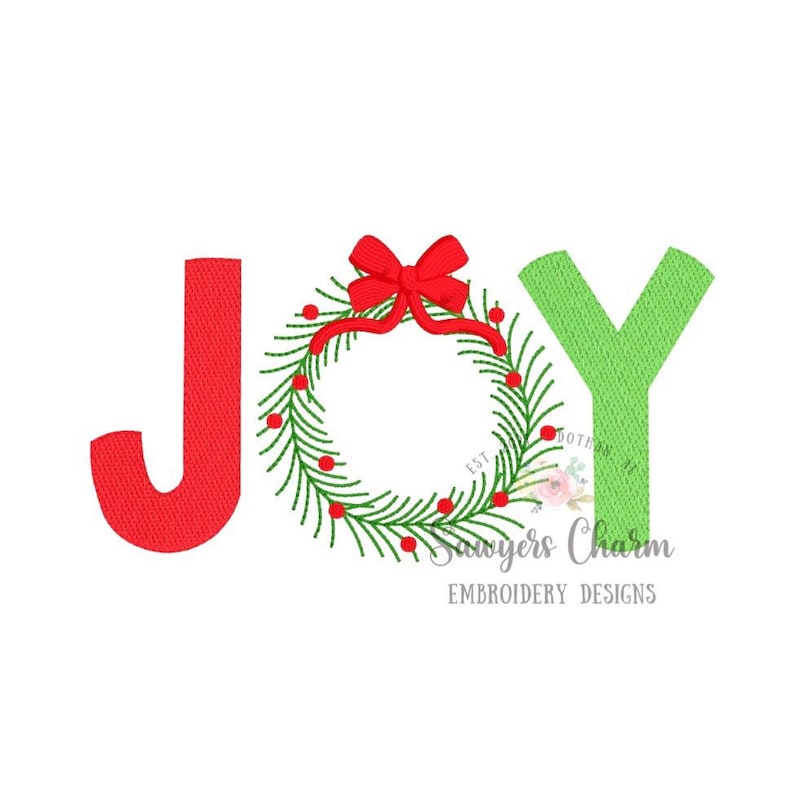 Op de afbeelding: Borduurwerk van het woord "JOY" in rood en groen, met een krans en een strik in de "O".