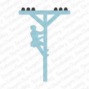 May include: A light blue embroidered design of a utility pole with a lineman climbing it. The pole has a cross arm with six black insulators. The design is a simple silhouette, ideal for embroidery or digital art projects.