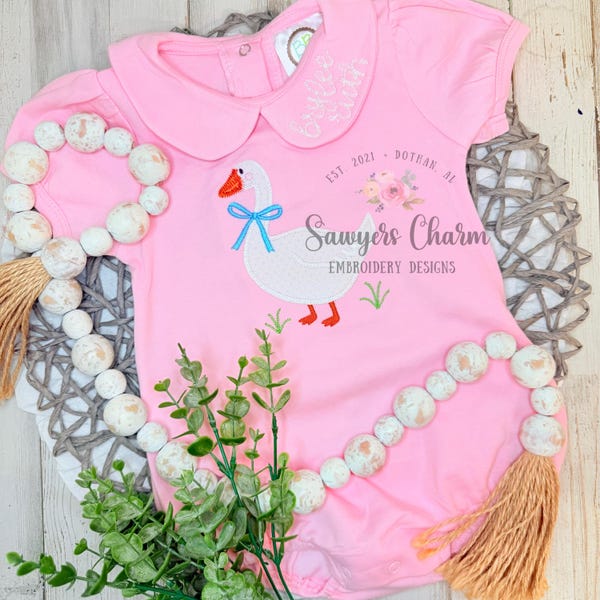 BUNDLE Coquette goose with bow bean & zigzag stitch machine applique embroidery design file, spring farm animal, quick stitch, Easter, duck