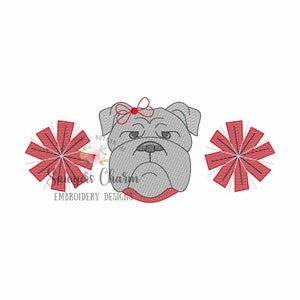Pom poms, Bulldogge mit Halsband & Schleife, Skizze, Skizze, Stickmuster, College Universität, Football Cheerleader, Cheerleader, Kokette
