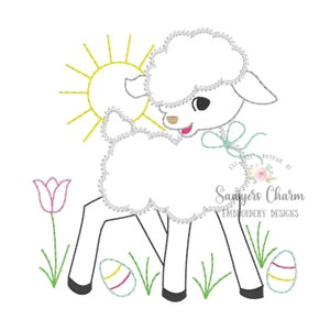 May include: A white lamb with a fluffy coat stands in a field of green grass with a yellow sun shining above. The lamb has a blue bow tied around its neck and is holding a pink and yellow Easter egg. There are two more Easter eggs on the ground.