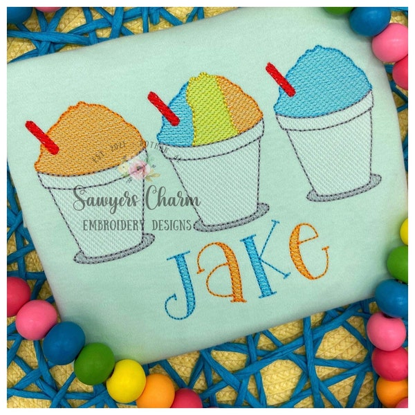 BUNDLE Snoball in cup with straw trio, with/without bow sketch stitch machine embroidery design, summer, spring, snacks, ice cream snow cone