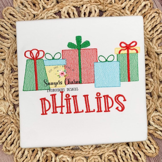Christmas presents/gifts with coquette bow, sketch stitch machine embroidery design, Happy holidays, Santa claus, happy birthday party