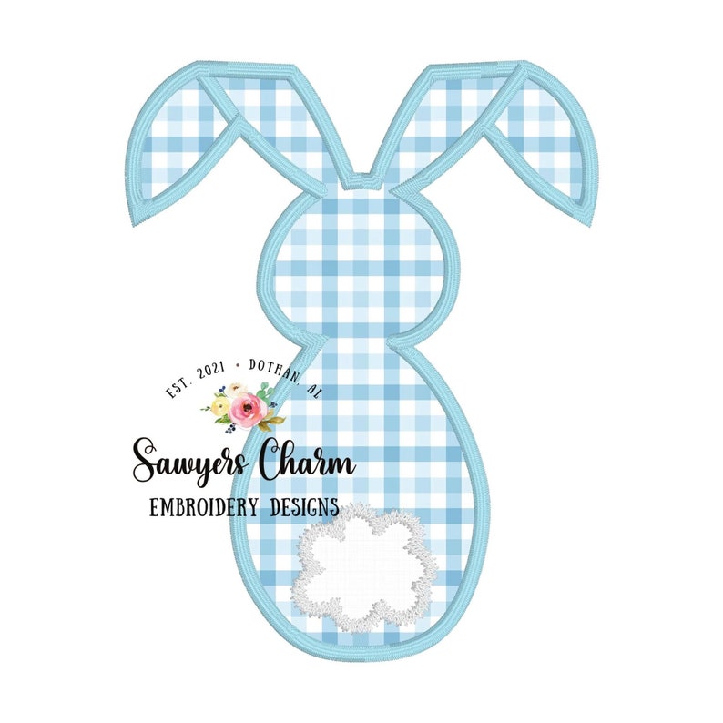 May include: A blue and white gingham bunny applique embroidery design. The design features a bunny with long ears and a small flower detail. The text "Sawyers Charm Embroidery Designs" is included in the design.