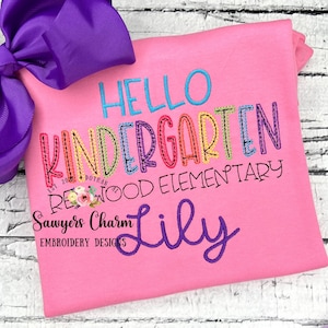 Hello Kindergarten, sketch stitch embroidery design file, satin stitch, bean stitch, back to school, K-5 student