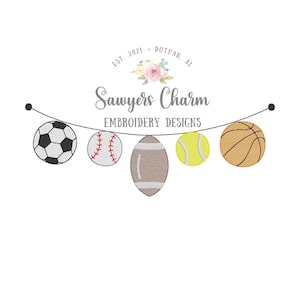 BUNDLE Multi Sports balls bunting banner sketch stitch machine embroidery design file, tennis, football, basketball, baseball, soccer