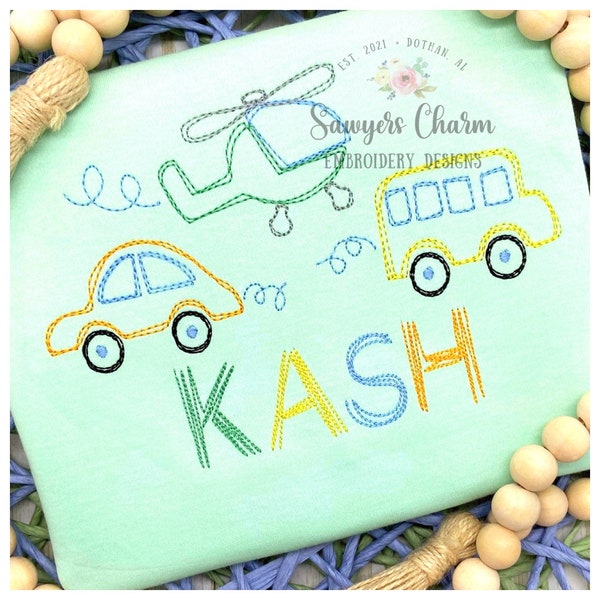 Squiggly transportation vehicles trio quick stitch, vintage style, bean stitch machine embroidery design file, car, bus, helicopter