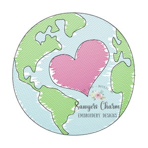 Earth with with heart &quot;watercolor&quot; sketch stitch machine embroidery design file, quick stitch, spring, Earth Day, summer, recycle, planet