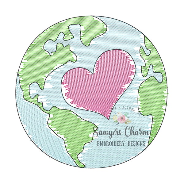 Earth with with heart "watercolor" sketch stitch machine embroidery design file, quick stitch, spring, Earth Day, summer, recycle, planet