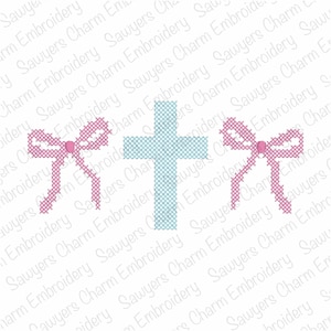 May include: Cross stitch design showing a light blue cross and two pink bows. The bows have a small pink bead in the centre. The design is on a white background, suitable for embroidery projects.