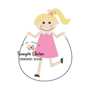 One girl jumping rope sketch stitch, machine embroidery design file, quick stitch, skipping rope, back to school, summer, ponytail, bow