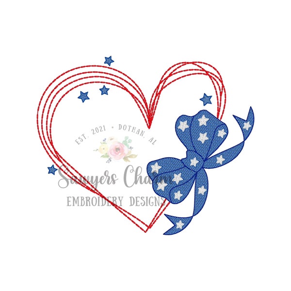 Scribble heart with bow & stars, sketch stitch machine embroidery design file, bean stitch, July 4th, patriotic, stars/stripes, girl, summer