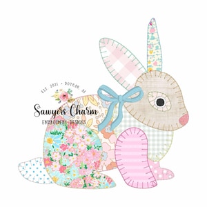 May include: A patchwork bunny design with a light blue bow. The bunny is made of various patterned fabrics, including floral, gingham, and polka dots. The text "Sawyers Charm Embroidery Designs" is also visible.