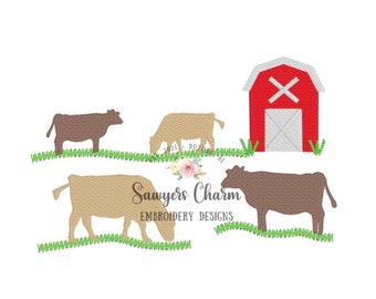 Vaches dans un champ, motif de broderie machine au point de croquis, grange, agriculteur, animaux de la ferme