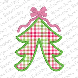 May include: A green and white gingham Christmas tree with a pink bow on top. The tree is outlined in green and has a gingham pattern.