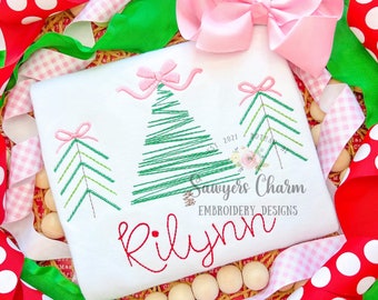 BUNDLE Christmas trees with bows & star vintage bean stitch sketch machine embroidery design file, quick stitch, holidays, font not included