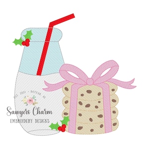 May include: A blue glass milk bottle with a red straw and a pink ribbon tied around a stack of chocolate chip cookies. The cookies are wrapped as a gift. The bottle has the text "Sawyers Charm Embroidery Designs Est. 2021 Dothan, Al" on it.