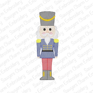 May include: A blue and red toy soldier with a black hat and a white beard. The soldier is wearing a gold belt and has a yellow trim on his hat.