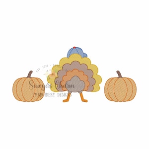 May include: Embroidered design of a Thanksgiving turkey with a blue baseball cap and two pumpkins. The turkey is brown, orange, and yellow. The pumpkins are orange.