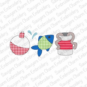 BUNDLE Bobber, fish, bait can of worms trio with/without coquette bow, bean stitch machine applique embroidery design, spring, lake pond