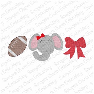 May include: An embroidered design featuring a football, a gray elephant head with a red bow, and a separate red bow. The elephant has pink inner ears and a smiling face. The football is brown with white stripes.