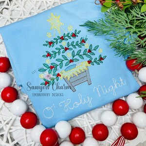 Baby Jesus Nativity Christmas tree, Bethlehem star sketch stitch machine embroidery design file, holly berries, O Holy Night, happy holidays