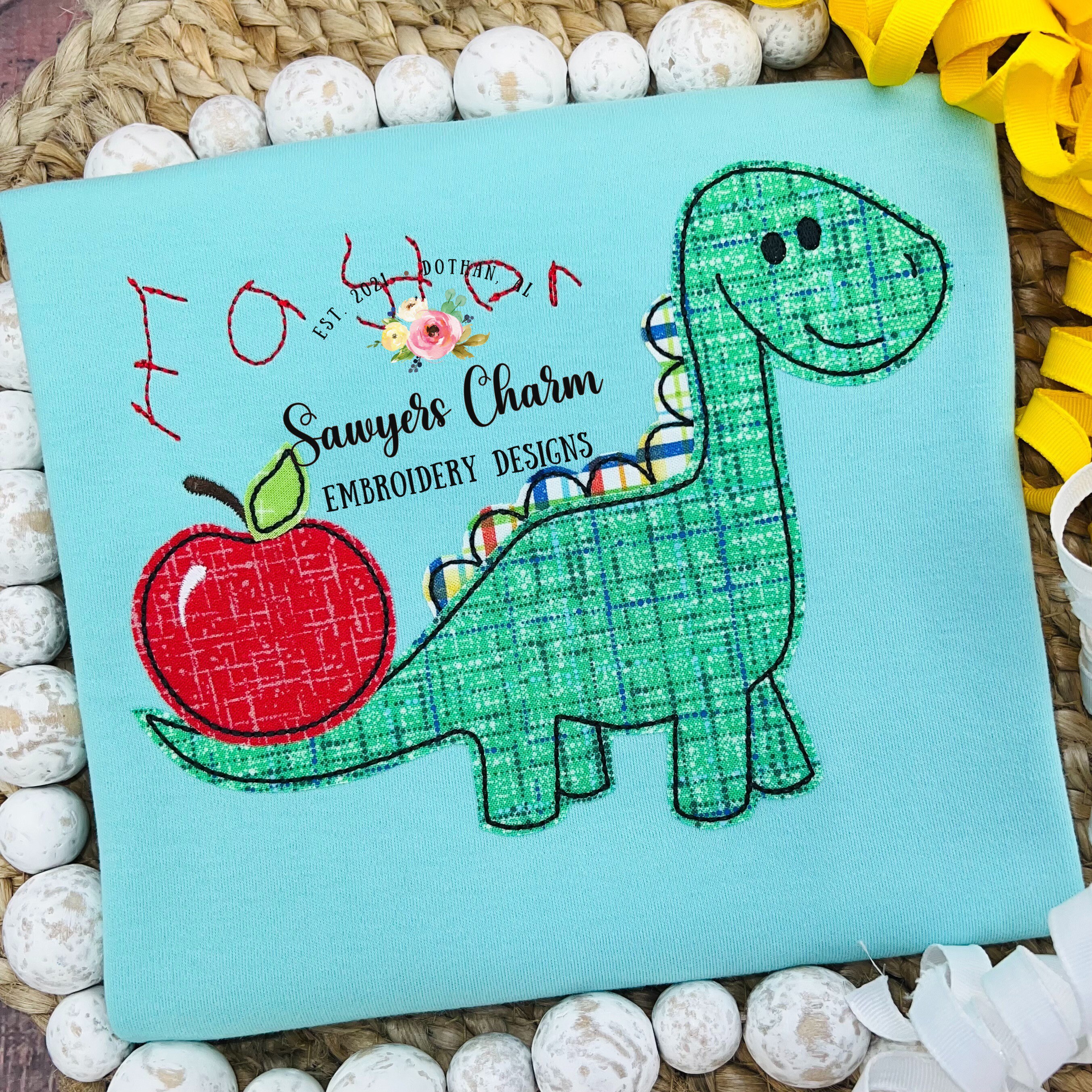 Back to School Dinosaur With Apple Bean Stitch Applique BUNDLE, Machine ...