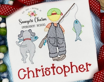 Little boy fishing with dog sketch stitch machine embroidery design, fishing pole, spring summer, fish, cap/hat, outdoors