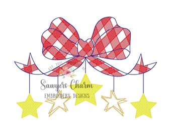 Gingham bow sketch stitch machine embroidery design, plaid check, patriotic, stars & stripes, stars bunting