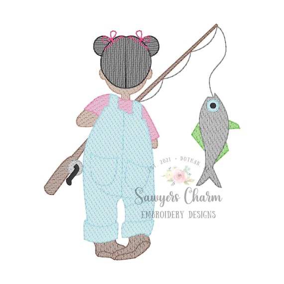 Little Girl Fishing, With Pigtails & Buns Sketch Stitch Machine